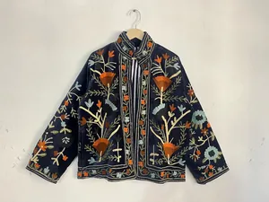 Boho Suzani Embroidered Velvet Jacket <b>Women</b> Navy Blue Ethnic Short <b>Coat</b> Stylish Winter Autumn Wear - Product Image 3