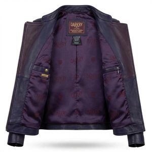 <b>Womens</b> Dark Purple Two Tone Genuine Leather <b>Jacket</b> Asymmetrical Zip Stand Collar Padded Elbow Motorcycle Biker Coat - Product Image 5