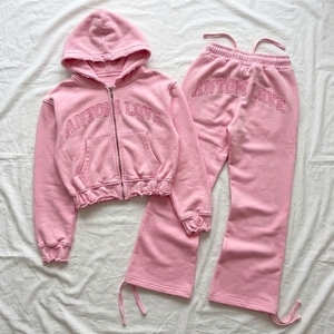 Winter Streetwear High Quality Custom Washed Thick Cropped Tracksuit Double Zip Women's Hoodie Jogger Pants <b>Flared</b> 100% Cotton - Product Image 1