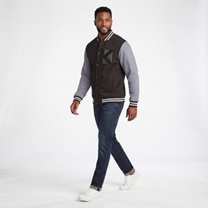 Custom <b>Black</b> and Grey <b>Fleece</b> Varsity <b>Jacket</b> KVJ121 Embroidered Chenille Patches Collarless Design for <b>Men</b> and Women - Product Image 4