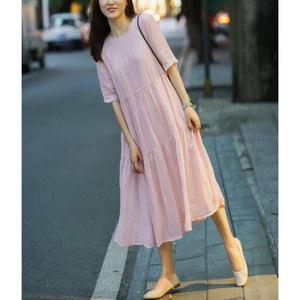 Bohemian Pink Cotton Linen Midi <b>Dress</b> With O-Neck <b>Loose</b> Fit Short Sleeve Summer Casual Women's Maxi <b>Dress</b> - Product Image 3