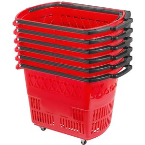 Set di 6 Cestini per la Spesa in Plastica Rossa con Ruote e Manici, Carrelli Portatili per lo Shopping - Product Image 1