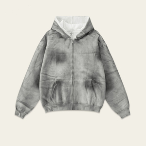 Vintage Acid Wash Zip Up Hoodie <b>Men</b> Oversized Distressed Streetwear Graphic Print Full Zip <b>Grey</b> Hooded <b>Sweatshirt</b> - Product Image 2