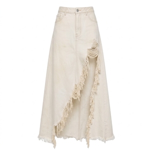 Jupe longue en jean vintage délavé taille haute pour femme, coupe droite, décontractée, avec rivets, respirante, écologique, 100 % coton - Product Image 4