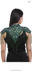 Top Corsé Verde con Pedrería, Top Corto de Malla con Cuentas Plateadas, Blusa Transparente de Cuello Alto para Fiesta, Corsé Negro Adornado - Product Image 3