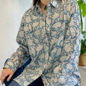 Luxury Summer Cotton Collared Shirt <b>Botanical</b> Floral Embroidery Indian Hand Block <b>Print</b> Steel Blue Grey White Casual Short Tank - Product Image 1