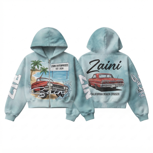 Sweat à capuche zippé pour femme, 320 GSM, coton polyester premium, bleu ciel, tie-dye, broderie personnalisée, impression sérigraphique, logo DTF - Product Image 1