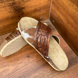 Western Hand Tooled Floral Criss-cross Sandals Genuine Hair on Cowhide Leather Slide Sandals Outdoor Flipflops Women's Footwear - Product Image 3