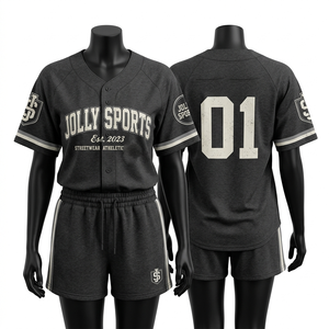 Conjunto de camiseta y pantalones cortos de béisbol para mujer, mezcla premium de poliéster y algodón GSM, transpirable, negro y gris, logotipo personalizado con serigrafía, conjunto para mujer - Product Image 1