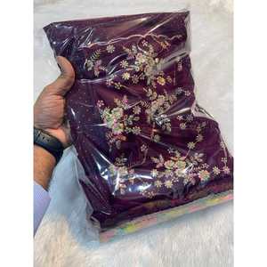 ATRACTIVA GEORGETTE RAINBOW LACE WORK SAREE CON BORDADO SIN COSTAR BLUSA DE TRABAJO VINO - Product Image 1