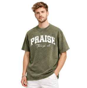 Camiseta Verde Oliva de Alta Calidad con Estampado 'Praise Through All' - Estilo Urbano Retro, Gráfico de Primera Calidad, Talla Grande para Hombre, Personalizable - Product Image 1