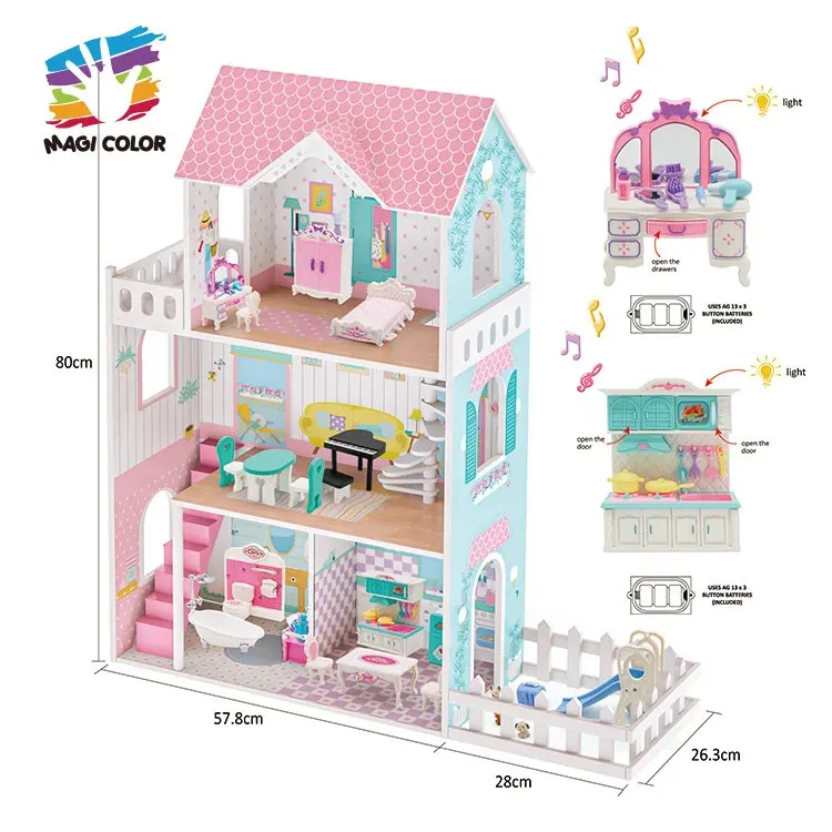 High Quality Kids Pretend Play Wooden Dollhouse With Electric Furnitures W06A379B