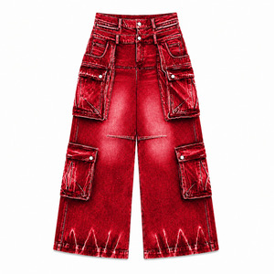 Pantalon cargo en jean ample et large pour homme avec logo personnalisé, rouge cramoisi délavé, multi-poches, style workwear, OEM ODM - Product Image 1