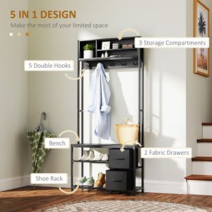 Panca da ingresso 5-in-1 con appendiabiti, 3 ripiani, 2 cassetti e contenitore per scarpe, nera - Product Image 4