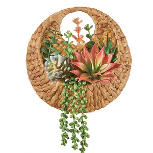 Jardinière murale ronde en rotin avec succulentes artificielles, style bohème, décoration de jardin, lumière murale - Product Image 1