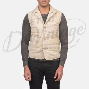 Chaleco acolchado de gamuza beige premium para hombre, con botones, cuello alto, sin mangas, corte ajustado, para invierno. - Product Image 6