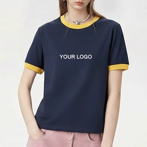 Prix de gros – Nouveau T-shirt d'été à épaules tombantes, coupe classique, col rond, surpiqûres contrastées, 100 % coton, avec logo personnalisé sérigraphié et appliqués – Livraison rapide - Product Image 1