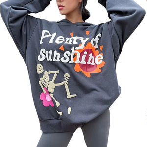 Sweat à capuche standard pour femme, épais, coupe oversize, décontracté, avec imprimé squelette soleil en relief, à épaules tombantes, pour l'été - Product Image 1