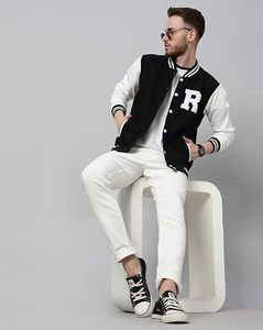 <b>Men's</b> Black <b>White</b> Varsity <b>Jacket</b> Letter R Print Preppy Style Regular Fit Polyester Material Turn-down Collar Single Button - Product Image 6