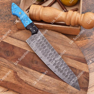มีดเชฟเหล็กดามัสกัสขนาด 8 นิ้ว ผลิตตามสั่ง ด้ามจับสีเทอร์ควอยซ์ ตีขึ้นรูปด้วยมือ ใช้งานได้ทั้งสองมือ ออกแบบตามหลักสรีรศาสตร์ ทนทาน เป็นมิตรกับสิ่งแวดล้อม - Product Image 2