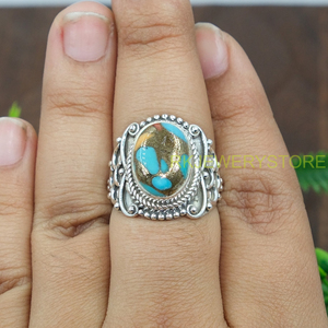 Anillo de Turquesa Azul Cobre, Plata de Ley 925, Anillo de Promesa, Diseño Único Hecho a Mano, Joyería de Turquesa, Regalo para Ella - Product Image 4