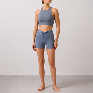Shorts de sport taille haute personnalisés à lacets pour femme, en Spandex et Nylon extensibles dans les quatre sens, pour la course, le yoga et le cyclisme - Product Image 1