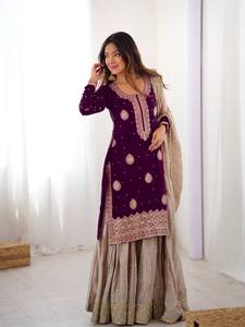 Purple Embroidered <b>Indian</b> Pakistani Set <b>Kurta</b> Sharara Dupatta Heavy Beaded Floral Wear for Wedding Party - Product Image 2