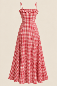 <b>Red</b> Gingham <b>Check</b> Ruffled Strap Midi <b>Dress</b> A-Line Vintage Casual Summer Cotton Woven Fitted Flared Hem - Product Image 2