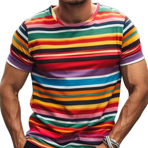 Camiseta de Manga Corta con Cuello Redondo y Rayas para Hombre, Corte Regular, Informal, de Algodón Tejido Transpirable de 320 g, Diseño Estampado, Patrón Multicolor - Product Image 3