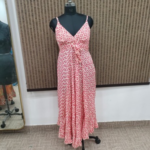 Robe longue décontractée d'été pour femme, style bohème, imprimé floral, en mélange de coton tissé, col en V, bretelles spaghetti, coupe trapèze ample, taille élastique - Product Image 1