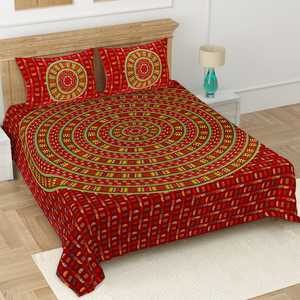 Indian Handmade 100% Cotton Rajasthani Bedsheet Double Bed Set 1 Double Bedsheet with 2 <b>Pillow</b> Cover Handmade King Size Bedding - Product Image 3