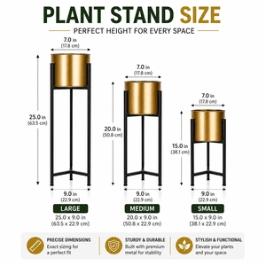 Luxury 3-<b>Tier</b> Nesting Metal Plant Stand Set with Satin Gold Metal Pots – Sleek Black Iron Pedestal Frames for Indoor Houseplants - Product Image 3