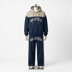 <b>men</b> hoodie set <b>jogger</b> set <b>navy</b> blue beige tracksuit color block tracksuit cotton fleece set zip up hoodie <b>jogger</b> pants oversized - Product Image 3