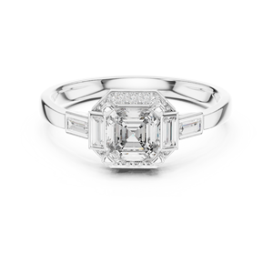 Bague de fiançailles de luxe en alliage d'argent sterling avec moissanite taille Asscher, pierres latérales baguette et sertissage halo dissimulé - Product Image 5