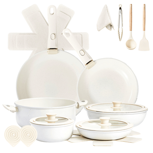 Set di Pentole Antiaderenti da 22 Pezzi con 6 Pentole e 3 Coperchi, Manici Rimovibili, Adatto per Forno e Lavastoviglie, Include Pentola per Zuppa da 28cm, Colore Crema - Product Image 3
