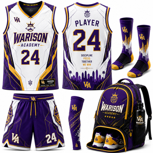 Custom White Purple Gold Basketball Uniform Set With Compression Sleeve Socks Backpack & Water Bottle Basketball Uniform Kit - Product Image 3