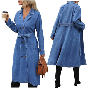 Gabardina Larga de Mezclilla Azul para Mujer, Chaqueta Cruzada con Cuello de Solapa y Cinturón - Product Image 5