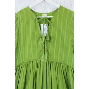 Robe Babydoll en mélange de coton vert lime pour femme, manches bouffantes, coupe ample, mini-robe décontractée - Product Image 3