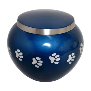 Urna de Metal Azul Latón para Cenizas de Mascotas, Suministros Funerarios Conmemorativos, Tarro Grabado con Huellas Plateadas para Perros y Gatos - Product Image 1