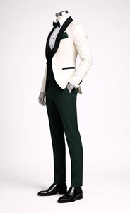 Costume de smoking crème pour homme avec gilet vert et nœud papillon, tenue de cérémonie pour marié, style britannique, ensemble trois pièces - Product Image 2