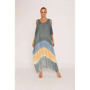 Vestido Maxi Holgado con Cuello en V y Estampado Tie-Dye, Ecológico, con Cintura Natural, para Mujer, Verano, Casual, Elegante - Product Image 2