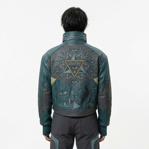 Chaqueta de Cuero Genuino para Hombre en Color Verde Azulado Oscuro, con Cuello Alto, Bordado Gráfico de Ojos y Parches, Estilo Motero - Product Image 2