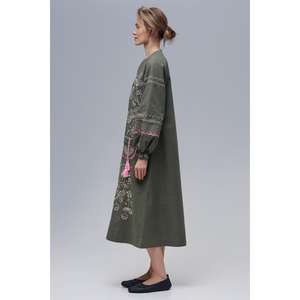 Vestido Kurti Largo para Mujer, Color Verde Oliva, Bordado con Flores, Detalle de Borlas, Cintura Natural, Ecológico - Product Image 4