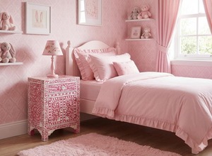 Table de chevet moderne en nacre et à motif floral rose, meuble de salon avec trois tiroirs - Product Image 2