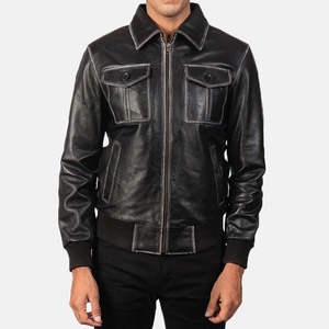 Men's Black Genuine Leather Moto Jacket Turn-Down Collar Zipper Front Solid Color Autumn Wear - Product Image 6