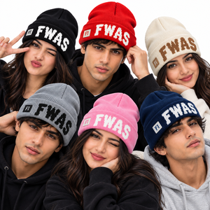 Bonnet en tricot côtelé acrylique unisexe, personnalisé avec lettres tissées, casquette d'hiver à revers pliable, chapeau doux et tendance, fournisseur de marque privée en gros - Product Image 3