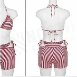Ensemble bikini rayé à bretelles pour femmes, avec short à volants, maillot de bain deux pièces bleu rouge - Product Image 2