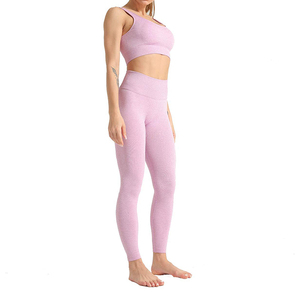Pink Two Piece Yoga Set Scoop Neck Long Sleeve Crop <b>Top</b> High Waist Full Length Leggings Seamless Four Way Stretch Solid Color - Product Image 2