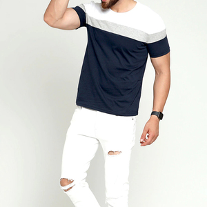 Camiseta Premium para Hombre, 100% Algodón, Azul Marino, Triple Bloqueo de Color |   Camiseta de cuello redondo con panel en el pecho en gris blanco |   Ropa Deportiva Urbana Transpirable para Gimnasio - Product Image 1