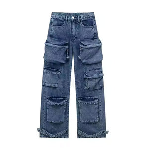 Pantalon cargo d'été pour femme, taille haute, en denim uni, coupe ample, longueur intégrale, style utilitaire, plusieurs poches, fermeture boutonnée, délavé à la pierre - Product Image 1